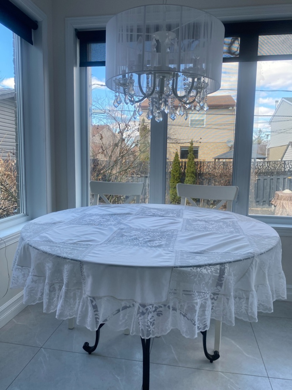 VINTAGE ROUND cottagecore /country style  lace & cotton tablecloth Size 63”